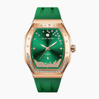 Tsar Bomba Lumina Green — Front view of the green sunray dial with diamond trail, pavé mountain ridge and date window, 35mm rose-gold steel tonneau case, available at IFL Watches.
