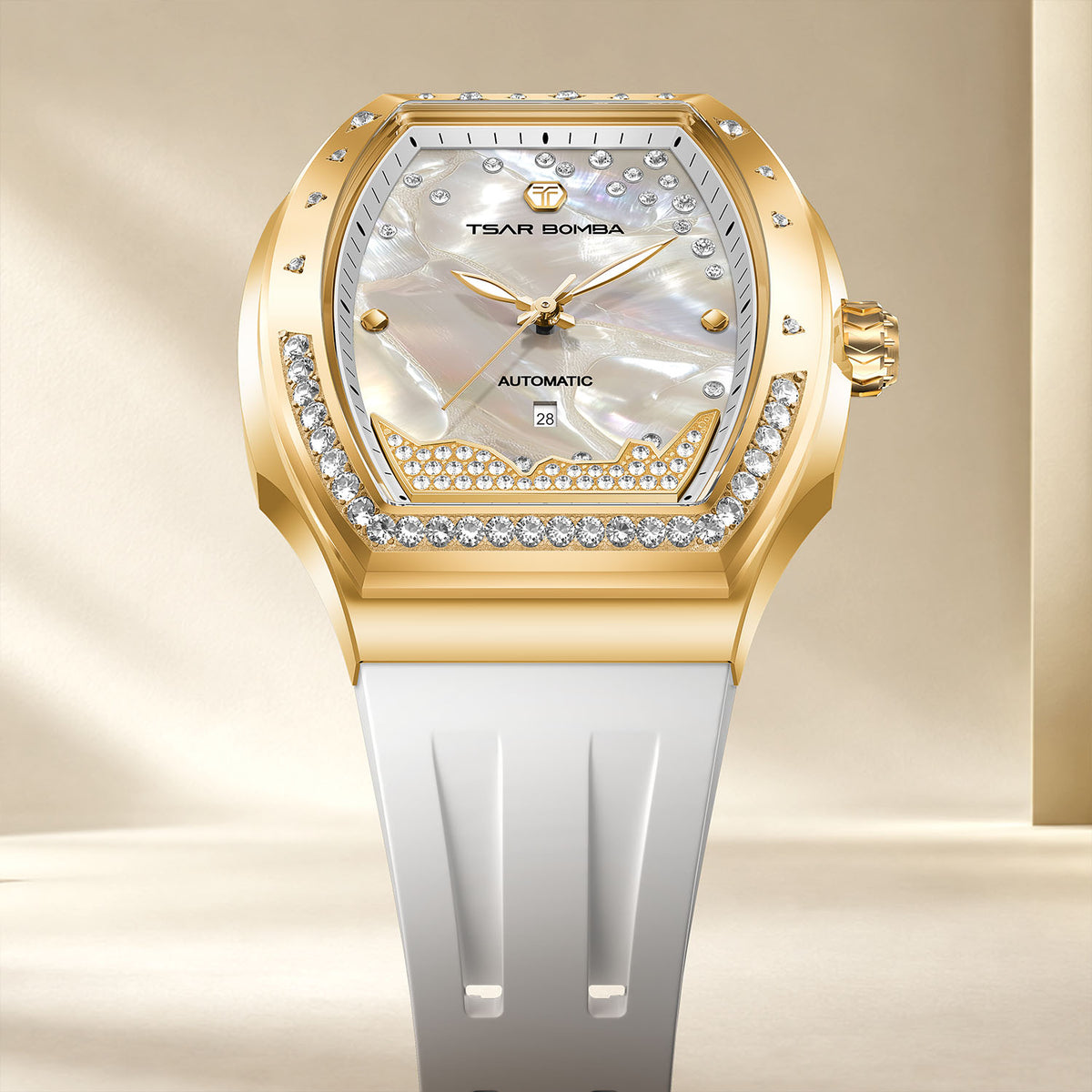 Tsar Bomba Lumina White Gold — Standing in front view against soft drapery, available at IFL Watches.
