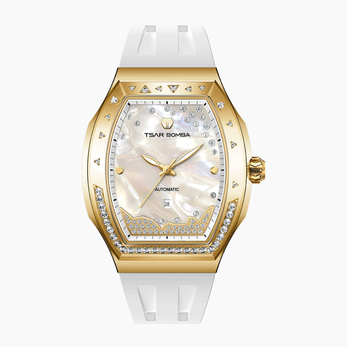 Tsar Bomba Lumina White Gold — Front view of the pearly white dial with diamond trail, pavé mountain ridge and date window, 35mm gold-tone steel tonneau case, available at IFL Watches.