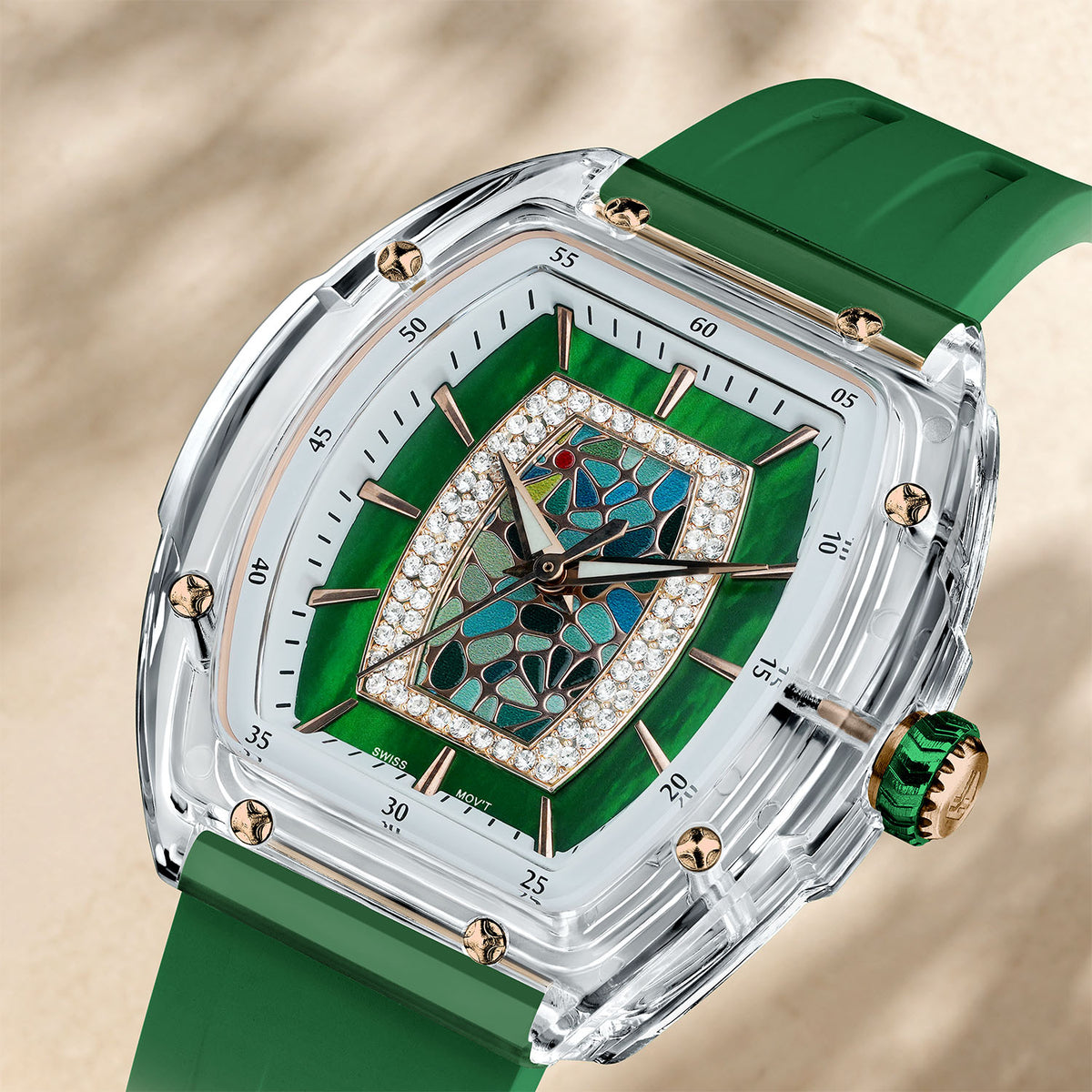 Tsar Bomba Nucleus Femme 02 Green — Close angled view of the mosaic and mother-of-pearl through the sapphire crystal, available at IFL Watches.