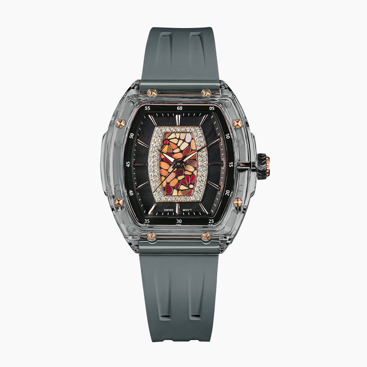 Tsar Bomba Nucleus Femme 02 Grey — Front view of the dark mother-of-pearl dial with amber mosaic, framed by sparkling stones in a 35mm smoky tonneau case, available at IFL Watches.