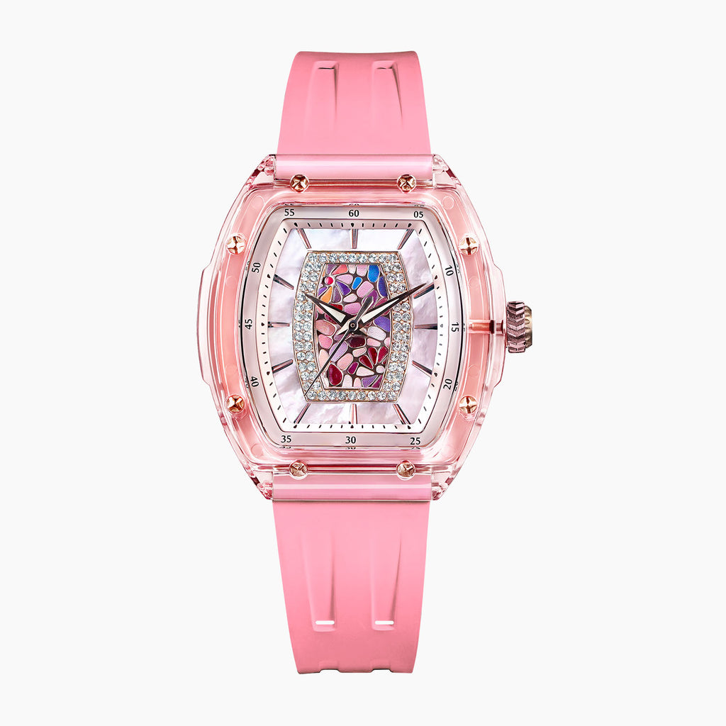 Tsar Bomba Nucleus Femme 02 Pink — Front view of the mother-of-pearl dial with stained-glass mosaic, framed by sparkling stones in a 35mm translucent pink tonneau case, available at IFL Watches.