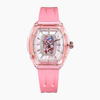 Tsar Bomba Nucleus Femme 02 Pink — Front view of the mother-of-pearl dial with stained-glass mosaic, framed by sparkling stones in a 35mm translucent pink tonneau case, available at IFL Watches.