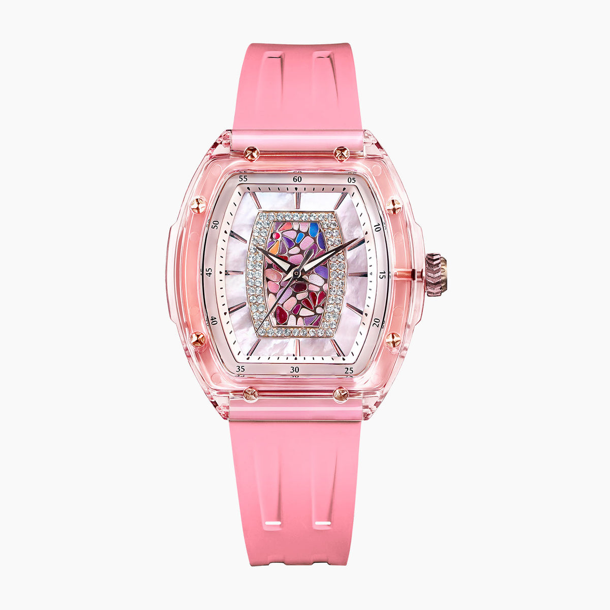 Tsar Bomba Nucleus Femme 02 Pink — Front view of the mother-of-pearl dial with stained-glass mosaic, framed by sparkling stones in a 35mm translucent pink tonneau case, available at IFL Watches.