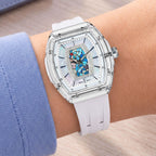 Tsar Bomba Nucleus Femme 02 White Blue — Worn on wrist, showing the tonneau case and strap, available at IFL Watches.