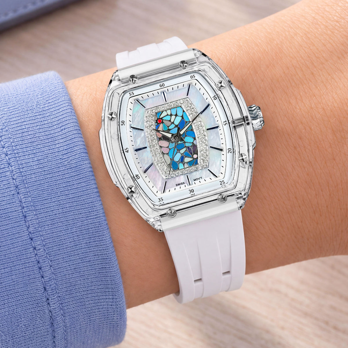Tsar Bomba Nucleus Femme 02 White Blue — Worn on wrist, showing the tonneau case and strap, available at IFL Watches.