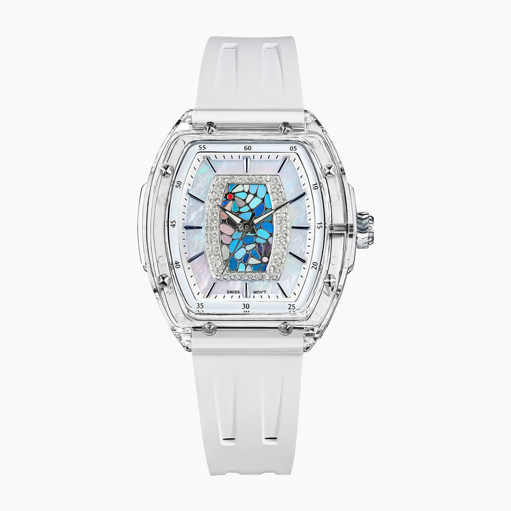 Tsar Bomba Nucleus Femme 02 White Blue — Front view of the white mother-of-pearl dial with blue mosaic, framed by sparkling stones in a 35mm clear tonneau case, available at IFL Watches.