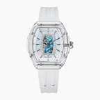 Tsar Bomba Nucleus Femme 02 White Blue — Front view of the white mother-of-pearl dial with blue mosaic, framed by sparkling stones in a 35mm clear tonneau case, available at IFL Watches.