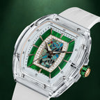 Tsar Bomba Nucleus Femme 02 White Green — Close angled view of the mosaic and mother-of-pearl through the sapphire crystal, available at IFL Watches.