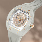 Tsar Bomba Nucleus Femme 03 Ghost Grey — Close angled view of the baguette-cut stones and ring of cubic zirconia, available at IFL Watches.