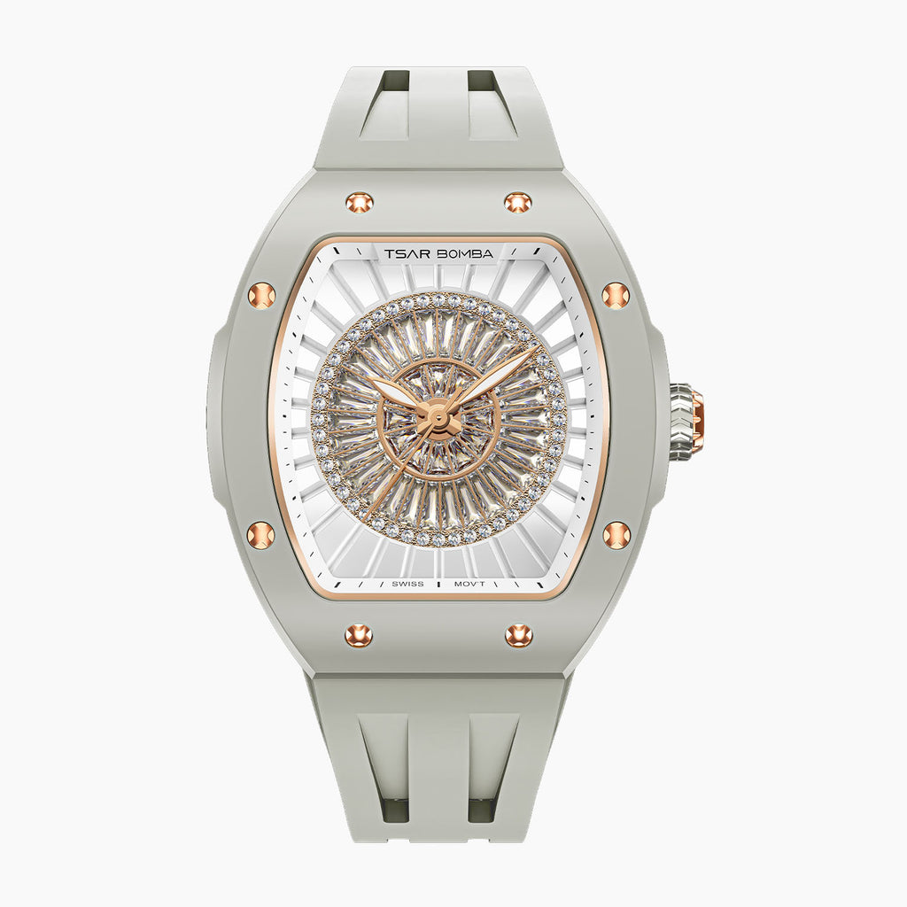 Tsar Bomba Nucleus Femme 03 Ghost Grey — Front view of the dial with a rosette of baguette-cut stones and rose-gold accents, 35mm grey ceramic tonneau case, available at IFL Watches.