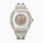 Tsar Bomba Nucleus Femme 03 Ghost Grey — Front view of the dial with a rosette of baguette-cut stones and rose-gold accents, 35mm grey ceramic tonneau case, available at IFL Watches.