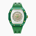 Tsar Bomba Nucleus Femme 03 Green — Front view of the dial with a rosette of baguette-cut stones and rose-gold accents, 35mm green ceramic tonneau case, available at IFL Watches.