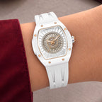 Tsar Bomba Nucleus Femme 03 White — Worn on wrist at an angle, showing the rose-gold crown, available at IFL Watches.