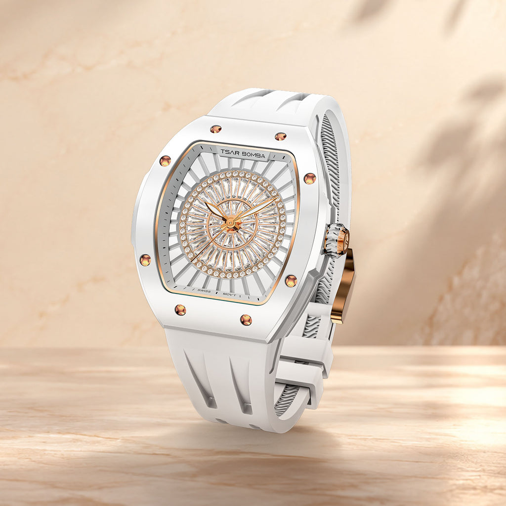 Tsar Bomba Nucleus Femme 03 White — Standing on a pedestal, seen in three-quarter view, available at IFL Watches.