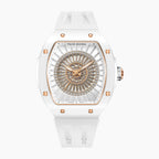 Tsar Bomba Nucleus Femme 03 White — Front view of the dial with a rosette of baguette-cut stones and rose-gold accents, 35mm white ceramic tonneau case, available at IFL Watches.