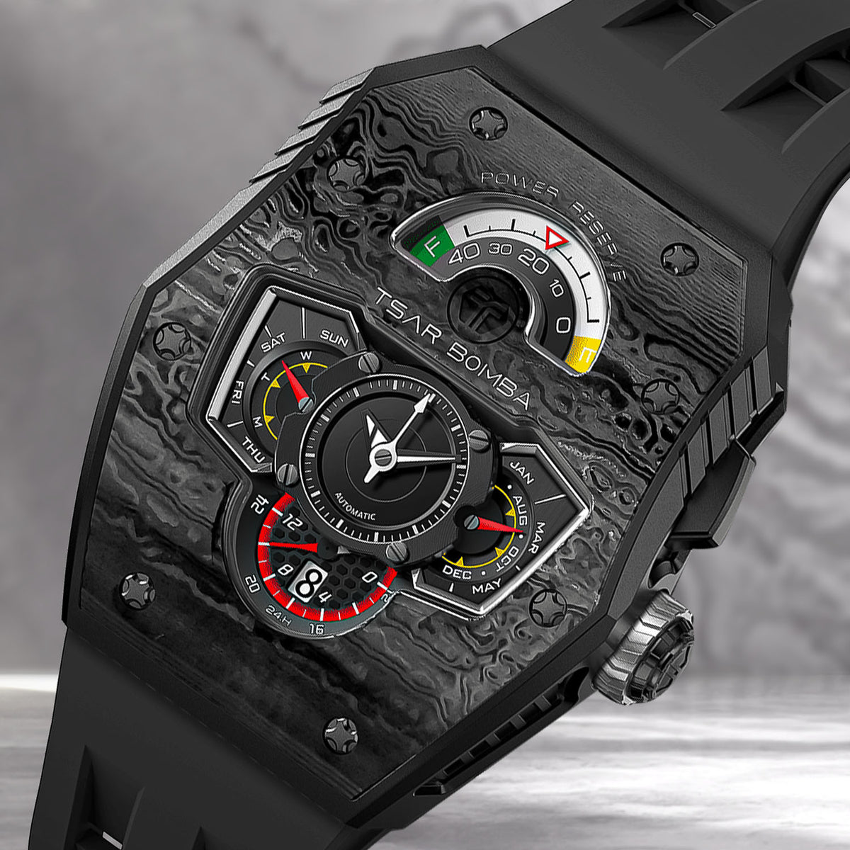 Tsar Bomba Parallax Carbon Black — Angled macro view of the racing-dashboard dial and power-reserve gauge, available at IFL Watches.