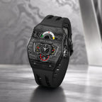 Tsar Bomba Parallax Carbon Black — Standing on a table in a moody interior, showing the case profile, available at IFL Watches.