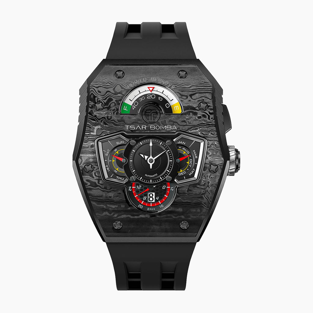 Tsar Bomba Parallax Carbon Black — Front view of the layered dashboard dial with fuel-style power-reserve gauge, 43.2mm steel tonneau case with forged carbon-fibre bezel, available at IFL Watches.