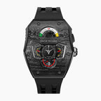 Tsar Bomba Parallax Carbon Black — Front view of the layered dashboard dial with fuel-style power-reserve gauge, 43.2mm steel tonneau case with forged carbon-fibre bezel, available at IFL Watches.