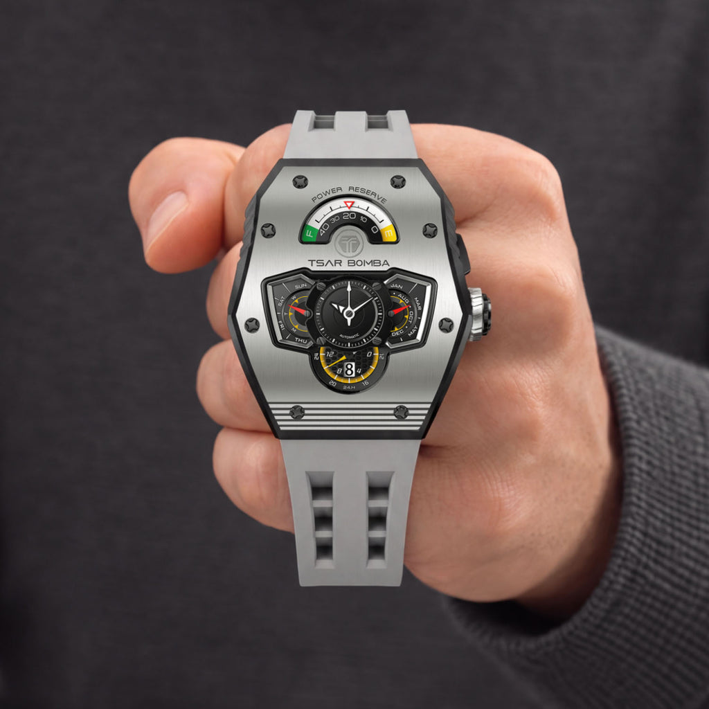 Tsar Bomba Parallax Grey — Held in hand, showing the three-dimensional dial, available at IFL Watches.