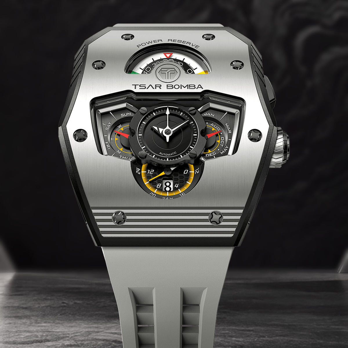 Tsar Bomba Parallax Grey — Front close-up against a dark textured backdrop, showing the day, month and 24-hour displays, available at IFL Watches.