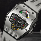 Tsar Bomba Parallax Grey — Angled macro view of the racing-dashboard dial and power-reserve gauge, available at IFL Watches.