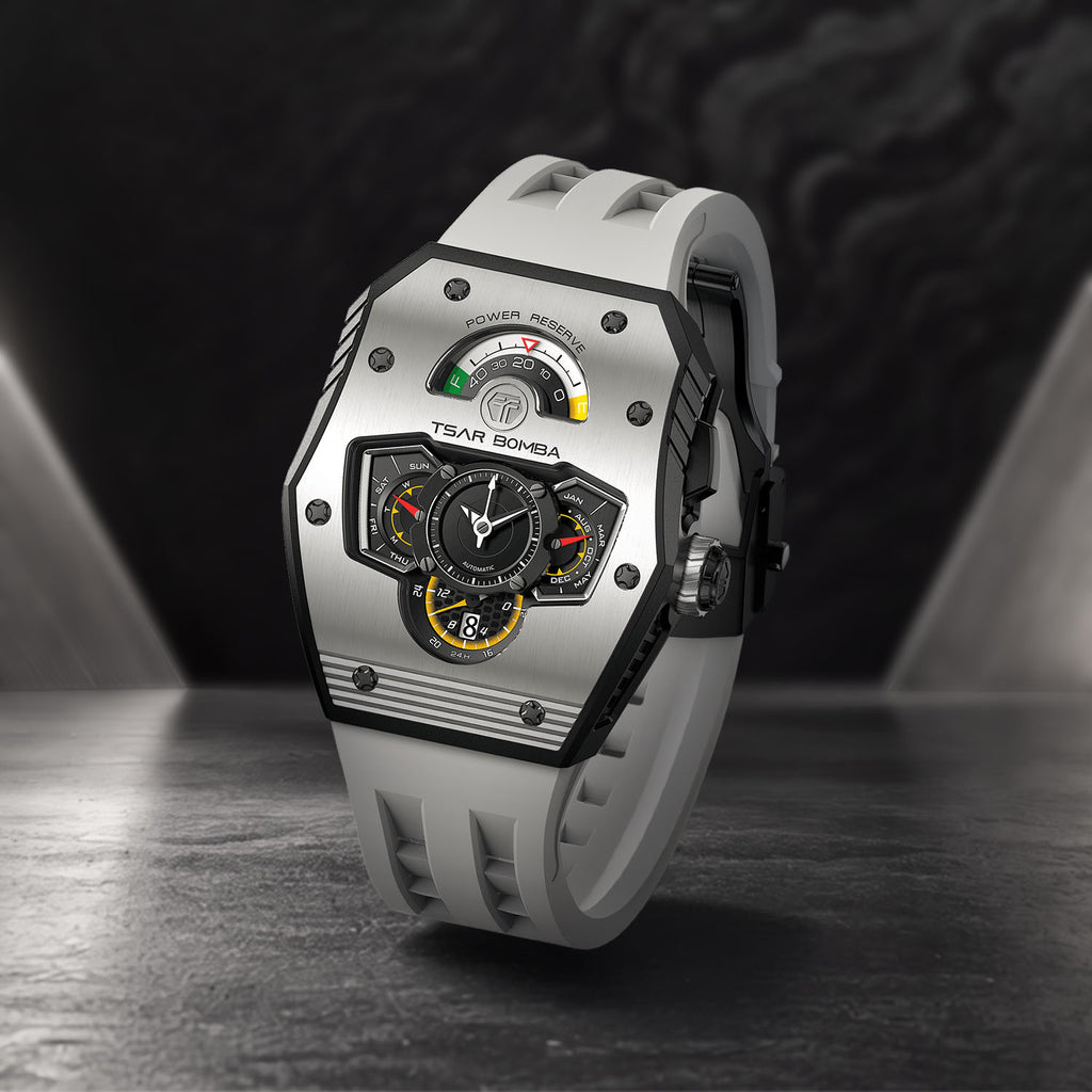 Tsar Bomba Parallax Grey — Standing on a table in a moody interior, showing the case profile, available at IFL Watches.