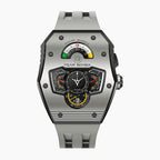 Tsar Bomba Parallax Grey — Front view of the layered dashboard dial with fuel-style power-reserve gauge, 43.2mm steel tonneau case with grey ceramic bezel, available at IFL Watches.