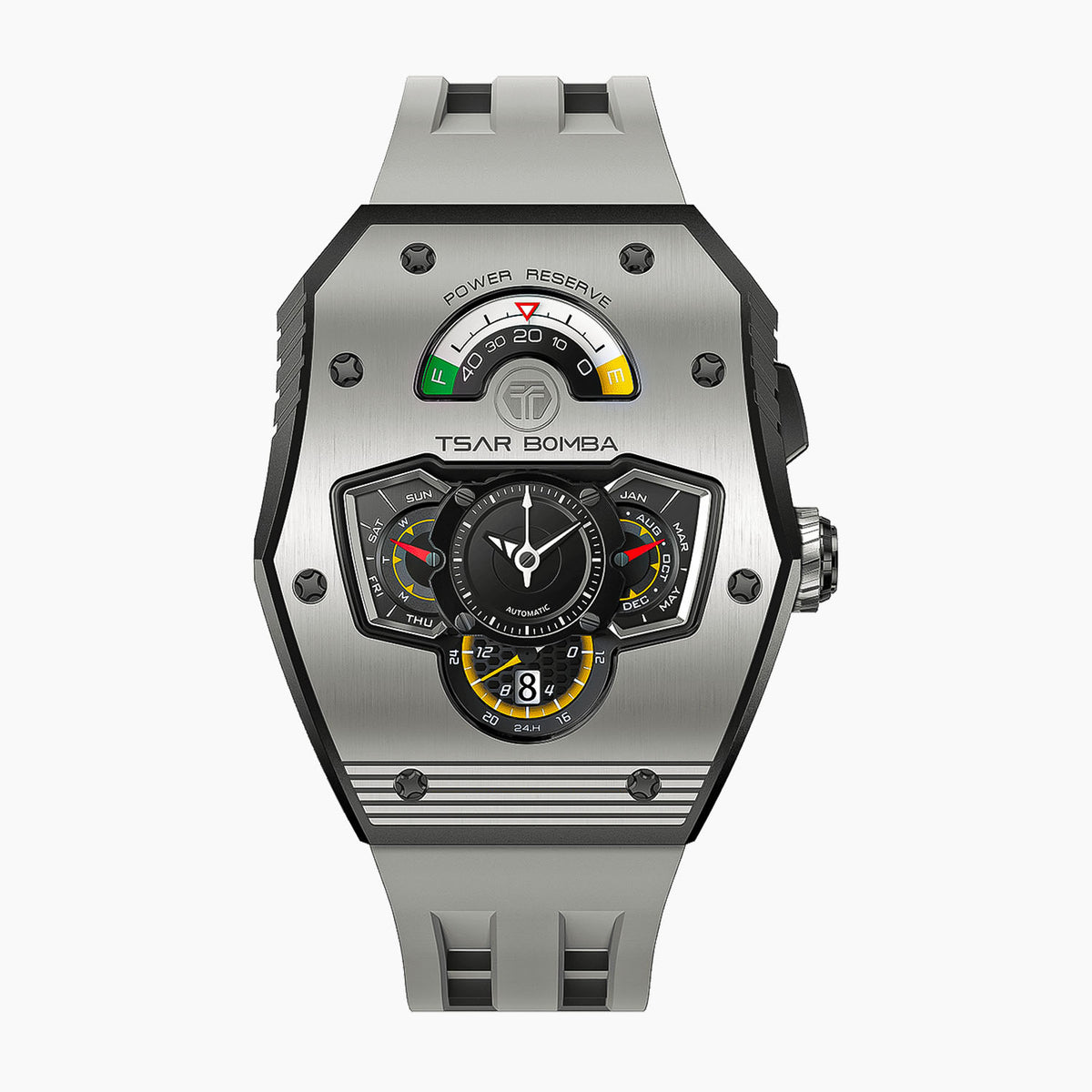 Tsar Bomba Parallax Grey — Front view of the layered dashboard dial with fuel-style power-reserve gauge, 43.2mm steel tonneau case with grey ceramic bezel, available at IFL Watches.