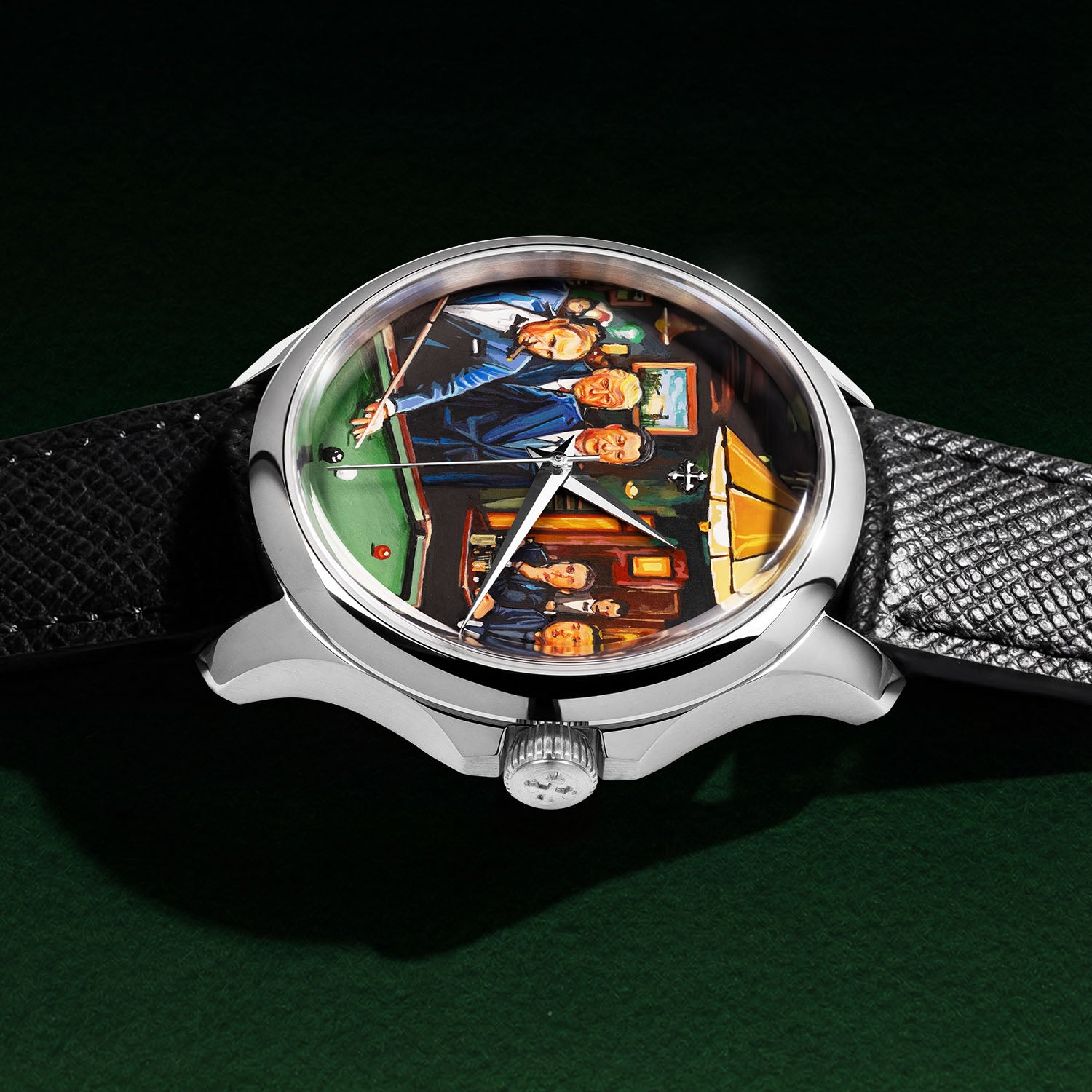 Venezianico Redentore Off the Record — Held in hand showing full dial with hand-painted billiards scene and Italian leather strap, limited edition by IFL Watches
