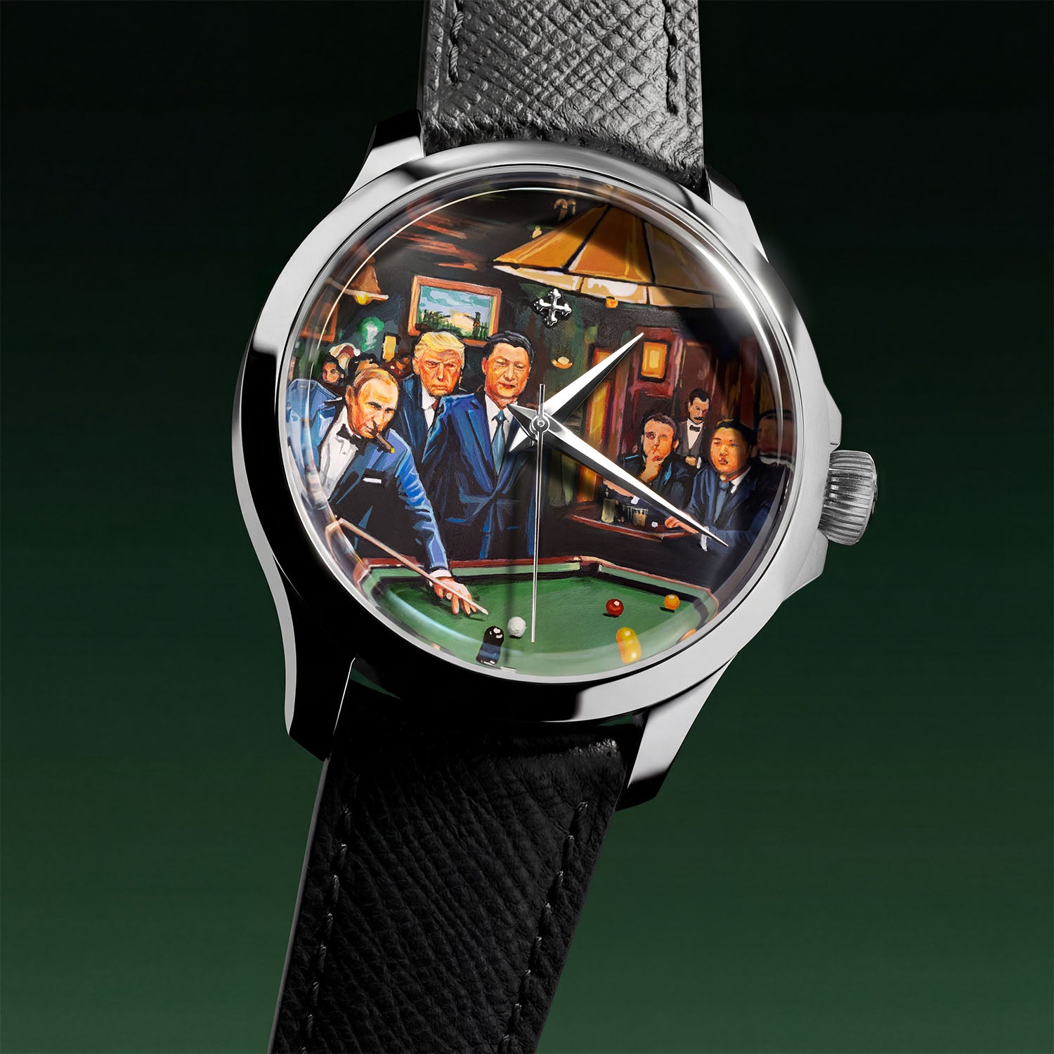 Venezianico Redentore Off the Record — Held in hand showing full dial with hand-painted billiards scene and Italian leather strap, limited edition by IFL Watches