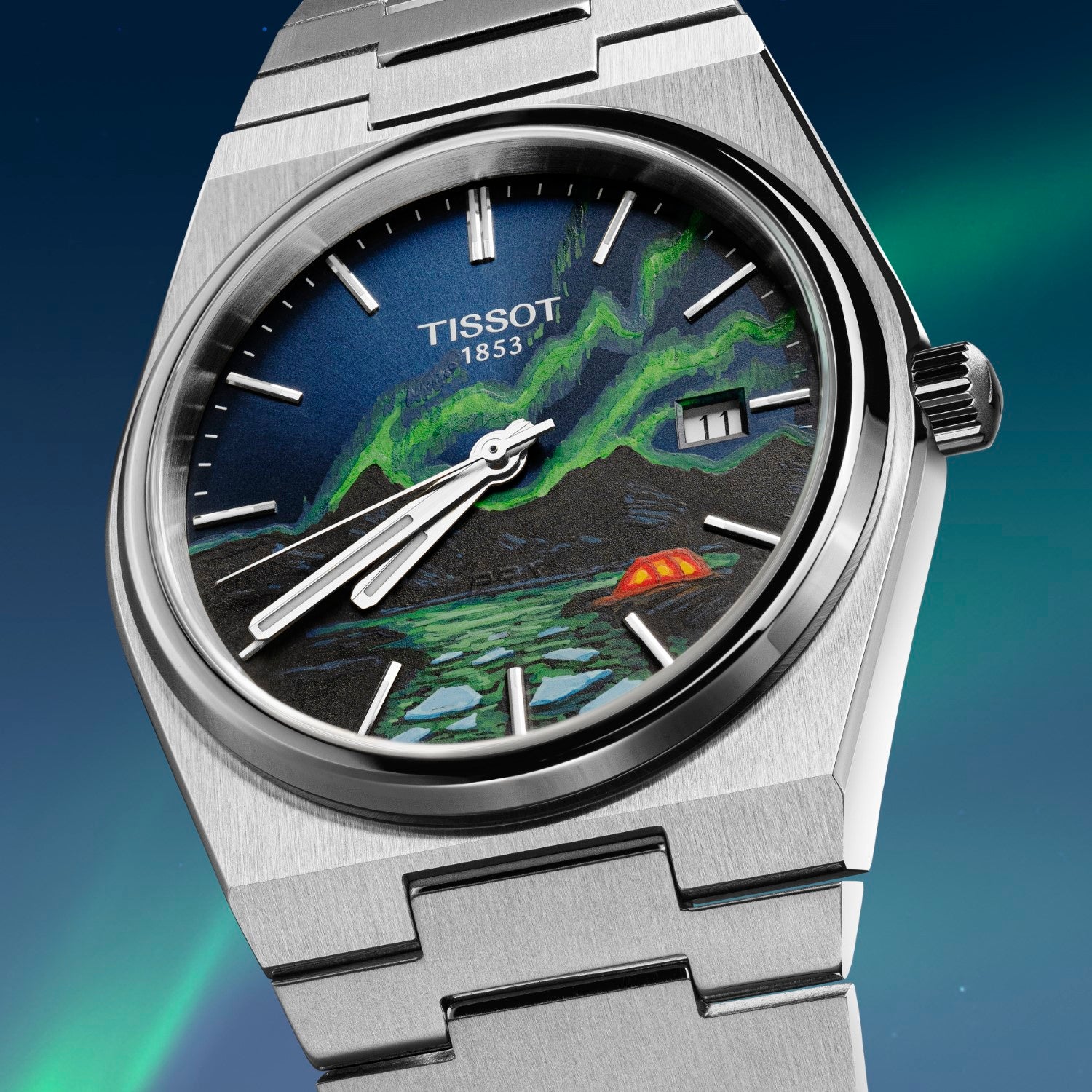 PRX Vista Aurora – Hand-painted concept on Tissot PRX featuring custom Aurora Borealis artwork, limited edition by IFL Watches