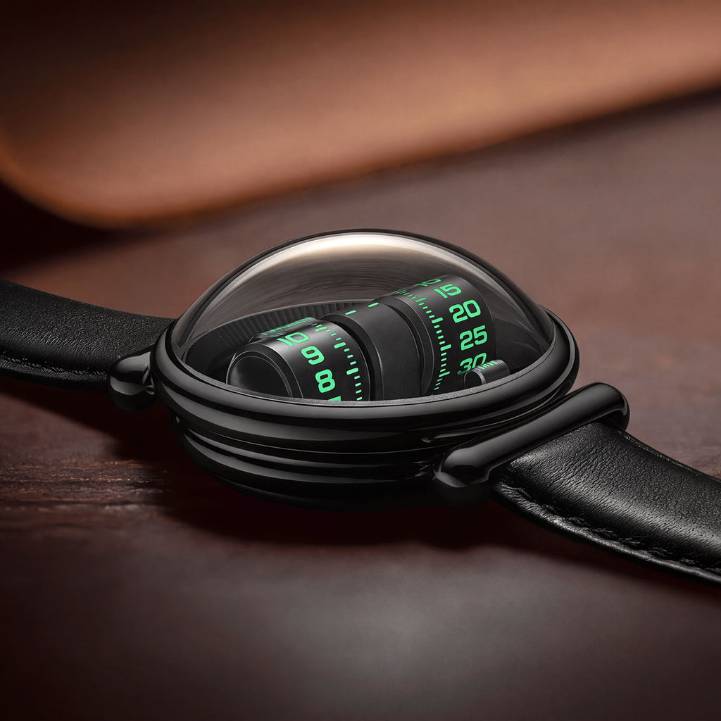 Vortichron Double Roller Midnight Black — Low side view on wood, showing the double-domed sapphire crystal over the rollers, available at IFL Watches.
