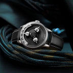 Vortichron Timeorb Midnight Black — Three-quarter view resting on braided cord in teal light, available at IFL Watches.