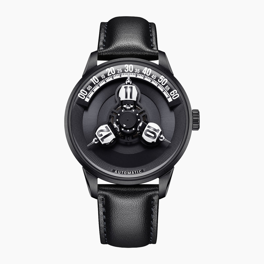 Vortichron Timeorb Midnight Black — Front view of the black dial with three rotating hour spheres and white minute arc, black case on black leather strap, available at IFL Watches.