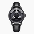 Vortichron Timeorb Midnight Black — Front view of the black dial with three rotating hour spheres and white minute arc, black case on black leather strap, available at IFL Watches.