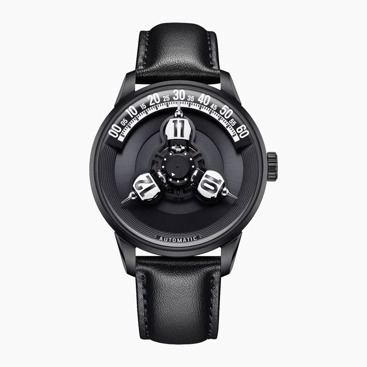 Vortichron Timeorb Midnight Black — Front view of the black dial with three rotating hour spheres and white minute arc, black case on black leather strap, available at IFL Watches.