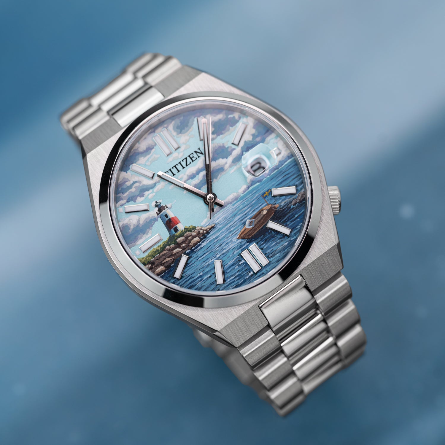 Citizen Tsuyosa Automatic - Archipelago Concept, featuring a hand-painted custom dial inspired by Sweden with serene coastal landscapes, including tranquil waters and picturesque islands.