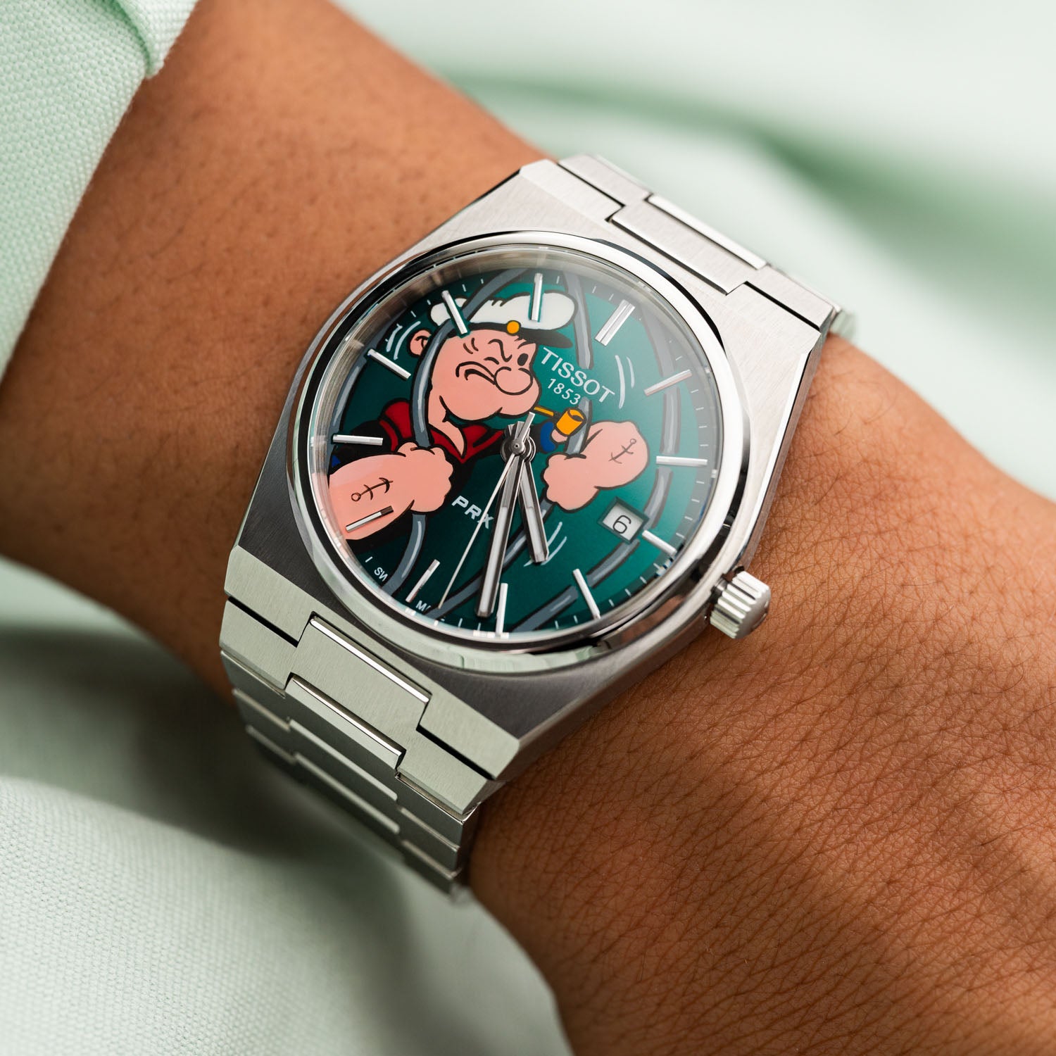 PRX Popeye Jailbreak Concept—hand-painted custom dial with Popeye artwork on Swiss-made Tissot PRX Quartz 40mm by IFL Watches