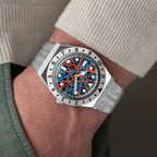 Timex Q Neon – Exclusive hand-painted timepiece with vibrant Blue and Orange Abstract Dial Artwork from Timex Q Diver Custom Collection
