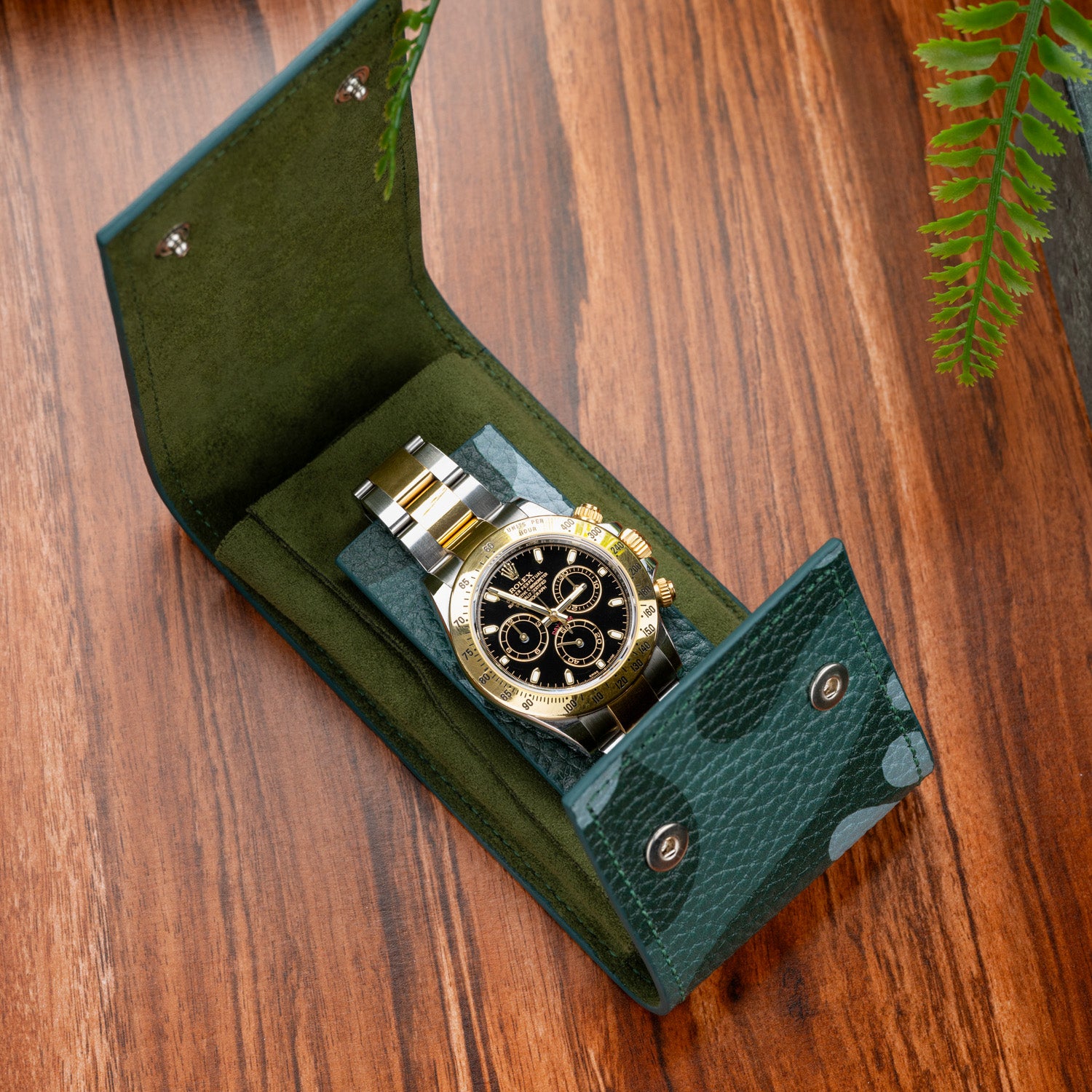 Verdant Camo Chronovault – Premium Leather Watch Pouch