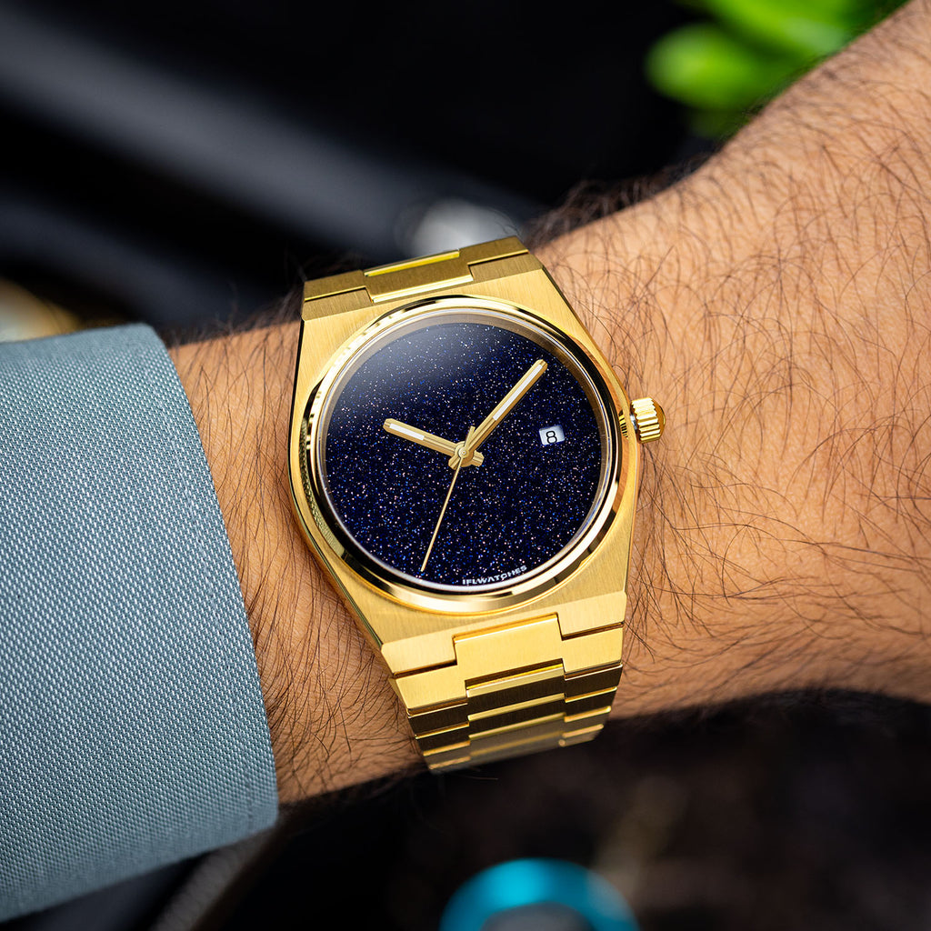 Aventurine Gold Concept – Custom natural aventurine stone dial on gold-tone stainless steel watch, bespoke timepiece by IFL Watches