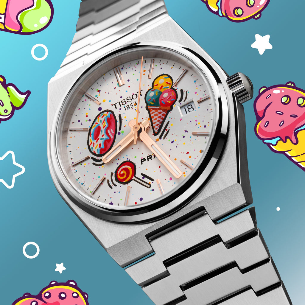 PRX Dialicious Concept – hand-painted custom Tissot PRX 35mm watch with candy-themed artwork, limited edition by IFL Watches.