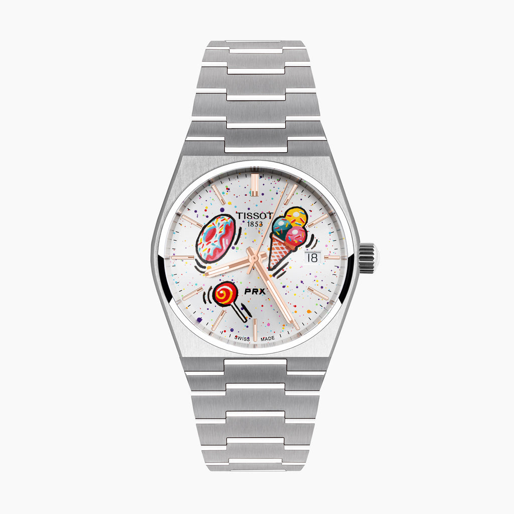 PRX Dialicious Concept – hand-painted custom Tissot PRX 35mm watch with candy-themed artwork, limited edition by IFL Watches.
