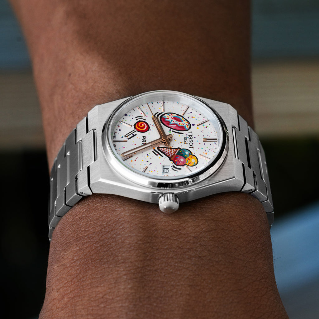 PRX Dialicious Concept – hand-painted custom Tissot PRX 35mm watch with candy-themed artwork, limited edition by IFL Watches.