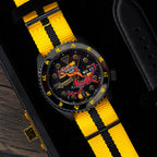 Custom Seiko 5 Sports 55th Anniversary Bruce Lee Limited Edition watch featuring hand-painted dragon design by IFL Watches, bespoke timepiece with black leather and yellow nylon straps.
