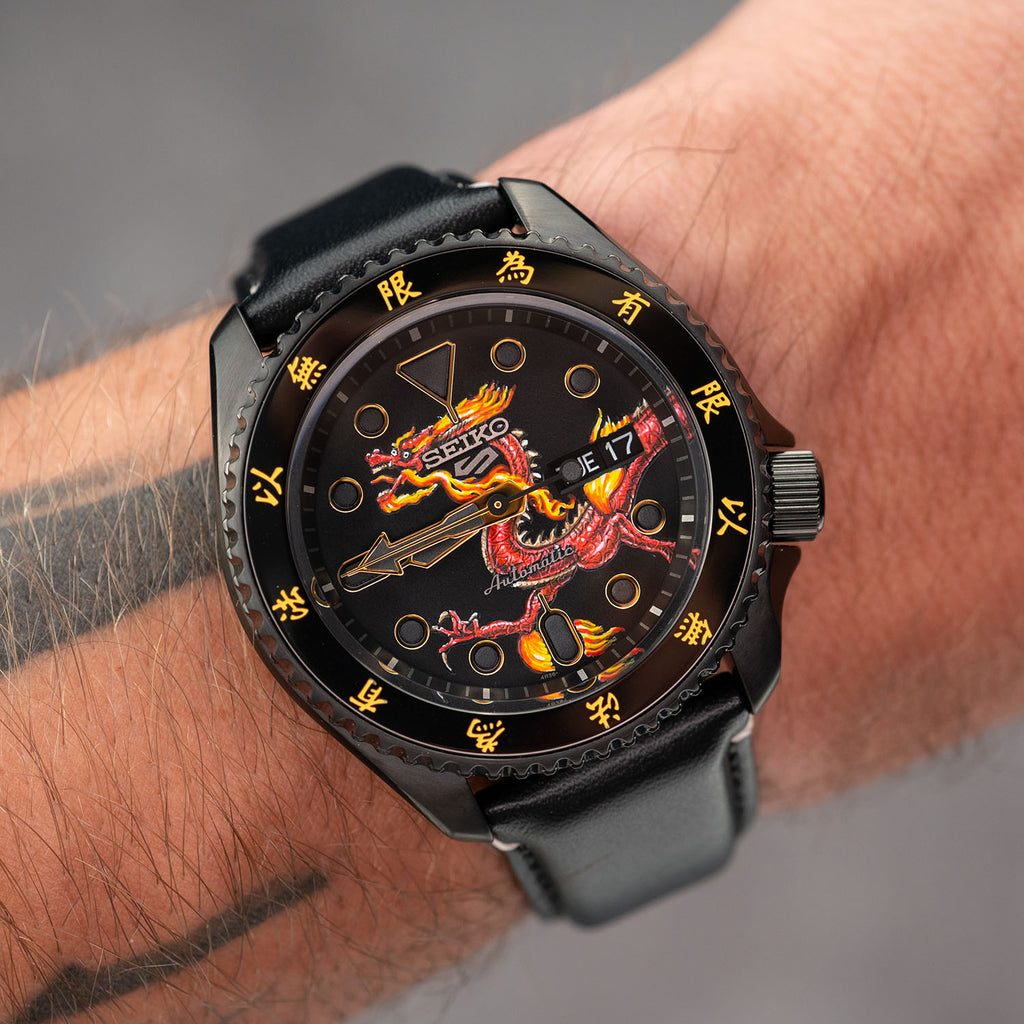 Custom Seiko 5 Sports 55th Anniversary Bruce Lee Limited Edition watch featuring hand-painted dragon design by IFL Watches, bespoke timepiece with black leather strap.