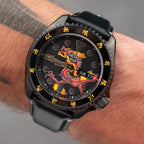 Custom Seiko 5 Sports 55th Anniversary Bruce Lee Limited Edition watch featuring hand-painted dragon design by IFL Watches, bespoke timepiece with black leather strap.
