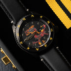 Custom Seiko 5 Sports 55th Anniversary Bruce Lee Limited Edition watch featuring hand-painted dragon design by IFL Watches, bespoke timepiece with black leather and yellow nylon straps.
